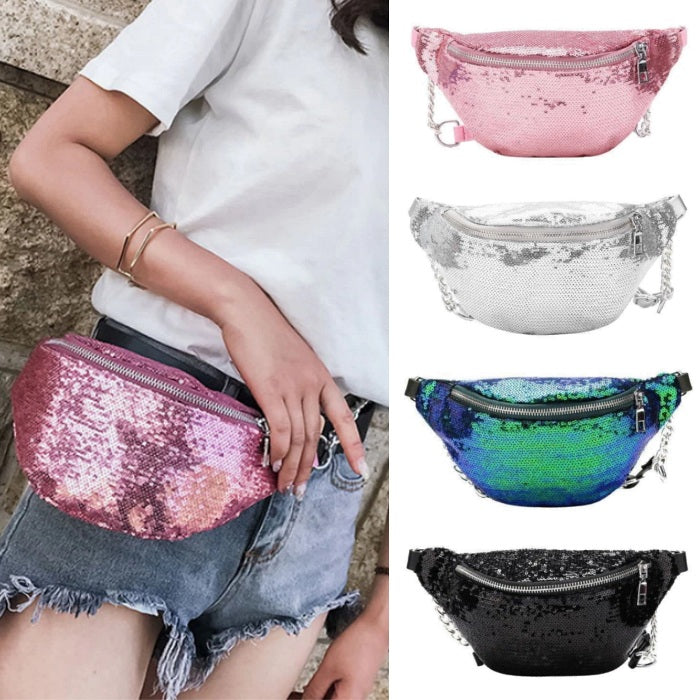 Silver Metallic Faux Leather and Sequin Fanny Pack Sling Bag - Full Zip  Closure - Adjustable Buckle Strap - Approximately 11L x 5H, 783452